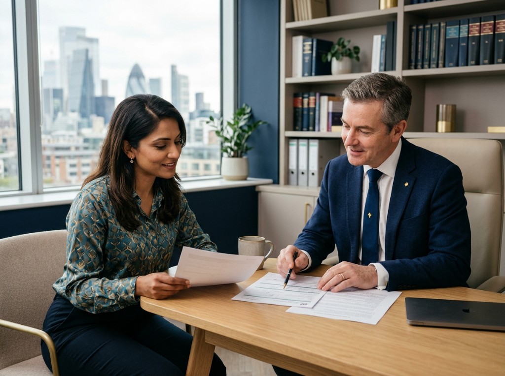 Immigration Legal Advice Centre consultation — advisers reviewing documents together in a modern office